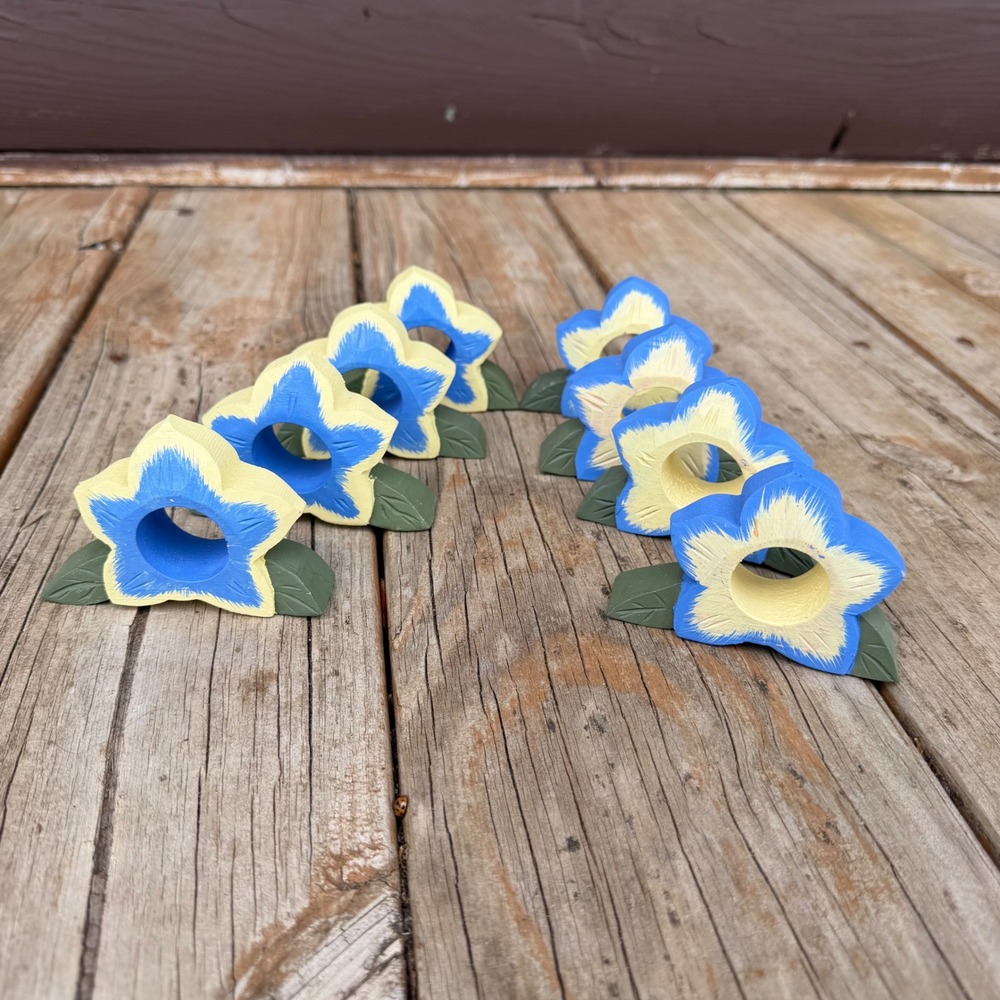 Vtg Floral Wooden Napkin Rings 8 Set Blue Yellow Hand Painted Rustic Cottagecore
